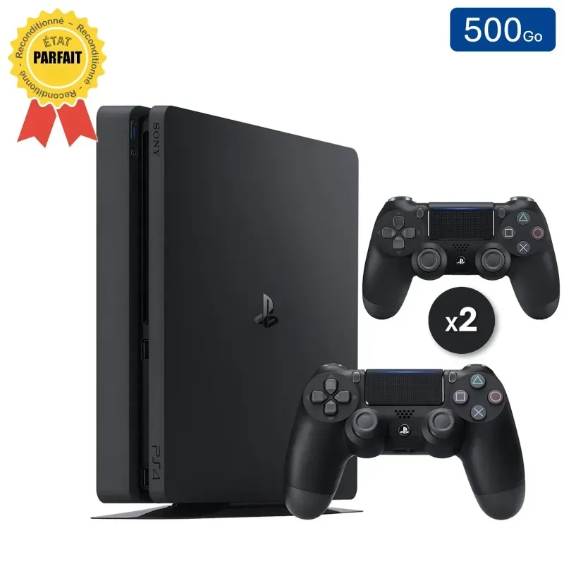 Playstation 4 SLIM Noire 500 Go + 2 Manettes (Reconditionnée : Parfait État)