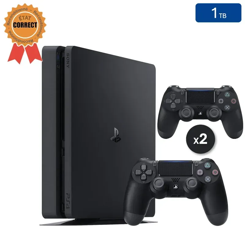 Playstation 4 SLIM Zwart 1TB + 2 Controllers (Gereviseerd: Goede Staat)