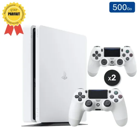 Playstation 4 SLIM Blanche 500 Go + 2 Manettes (Parfait État)