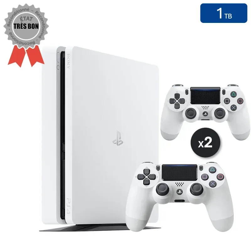 Playstation 4 SLIM Blanche 1 To + 2 Manettes (Reconditionnée : Très Bon État)