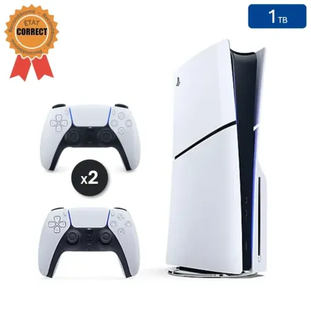 Playstation 5 SLIM Blanche 1 To + 2 Manettes (Reconditionnée : État Correct)