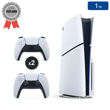 Playstation 5 SLIM Blanche 1 To + 2 Manettes (Reconditionnée : Très Bon État)