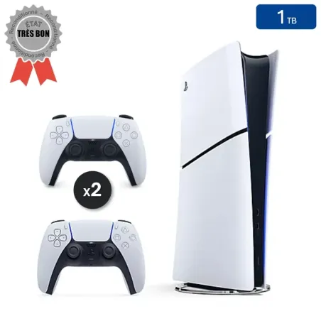 Playstation 5 SLIM Édition Numérique Blanche 1 To + 2 Manettes (Reconditionnée : Très Bon État)