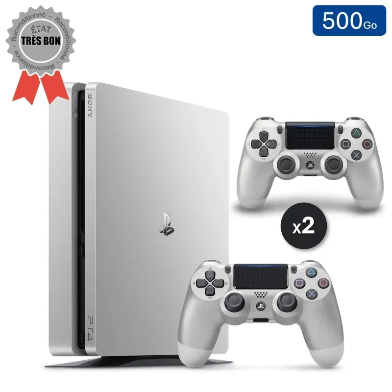 Playstation 4 SLIM Silver 500 Go + 2 Manettes (Reconditionnée : Très Bon État)